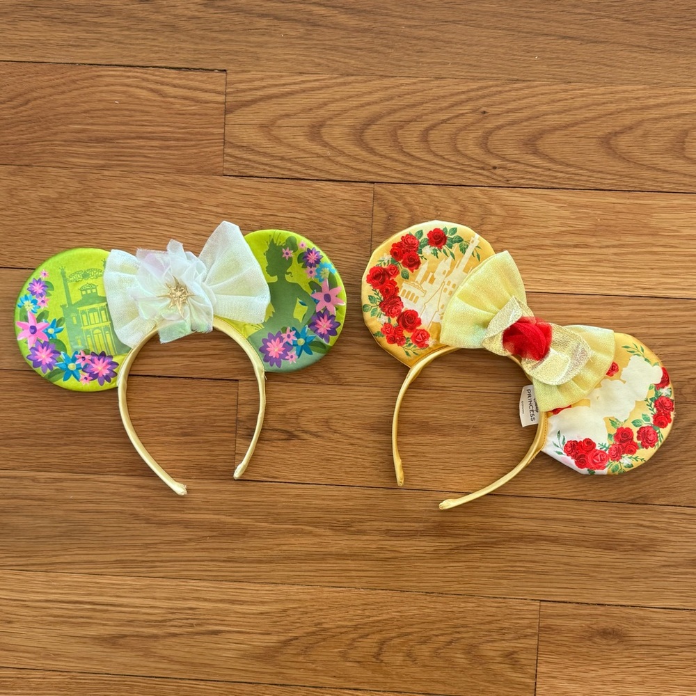 Disney Princess Minnie Mouse Ear Headbands Tiana and Belle Floral Bow Lot of 2